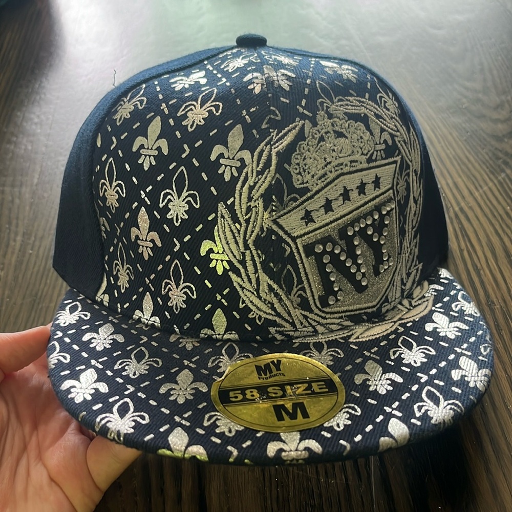 NY SnapBack Hat size Medium Blue and Silver with jewels on the NY